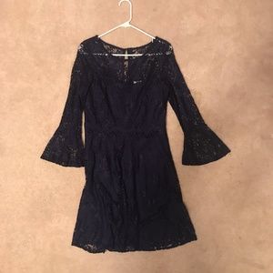 Navy Mini Formal Dress With Lace Illusion Neckline